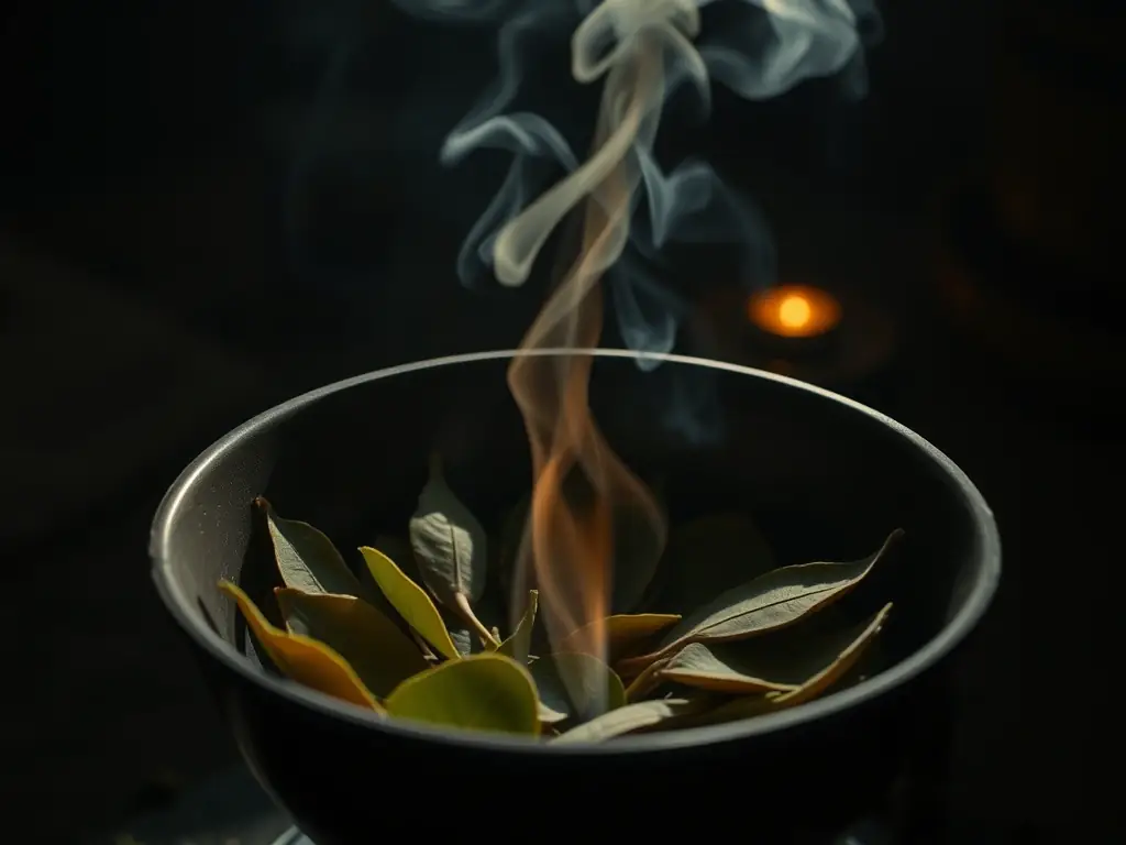 A serene image of bay leaves burning in a fire-safe bowl, with smoke gently rising and swirling, representing the release of negative energy and the creation of a protective atmosphere.