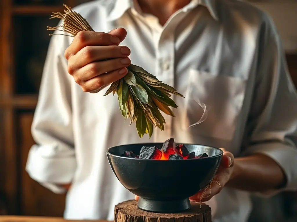 A person holding a bundle of dried bay leaves over a bowl of burning charcoal, with smoke gently rising and filling the air, symbolizing purification and cleansing.