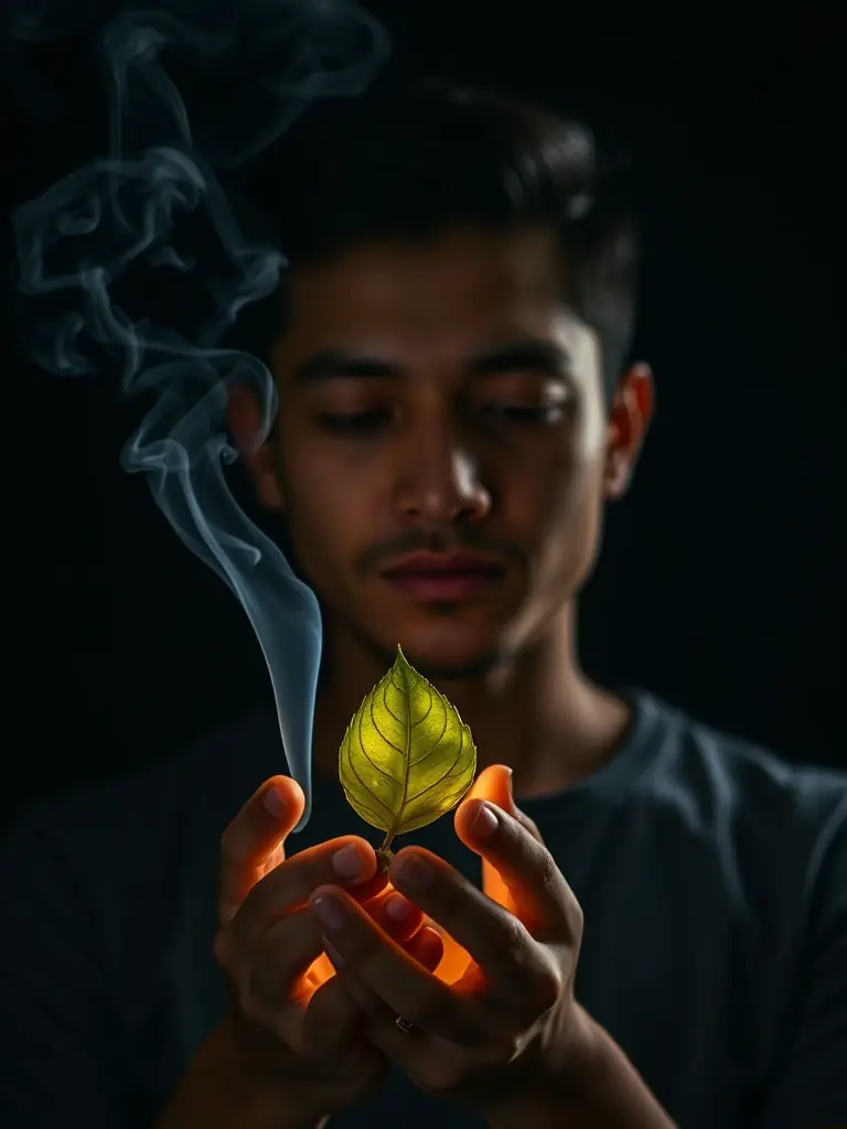 A close-up shot of a person holding a lit bay leaf, smoke gently rising, symbolizing clarity and intention.