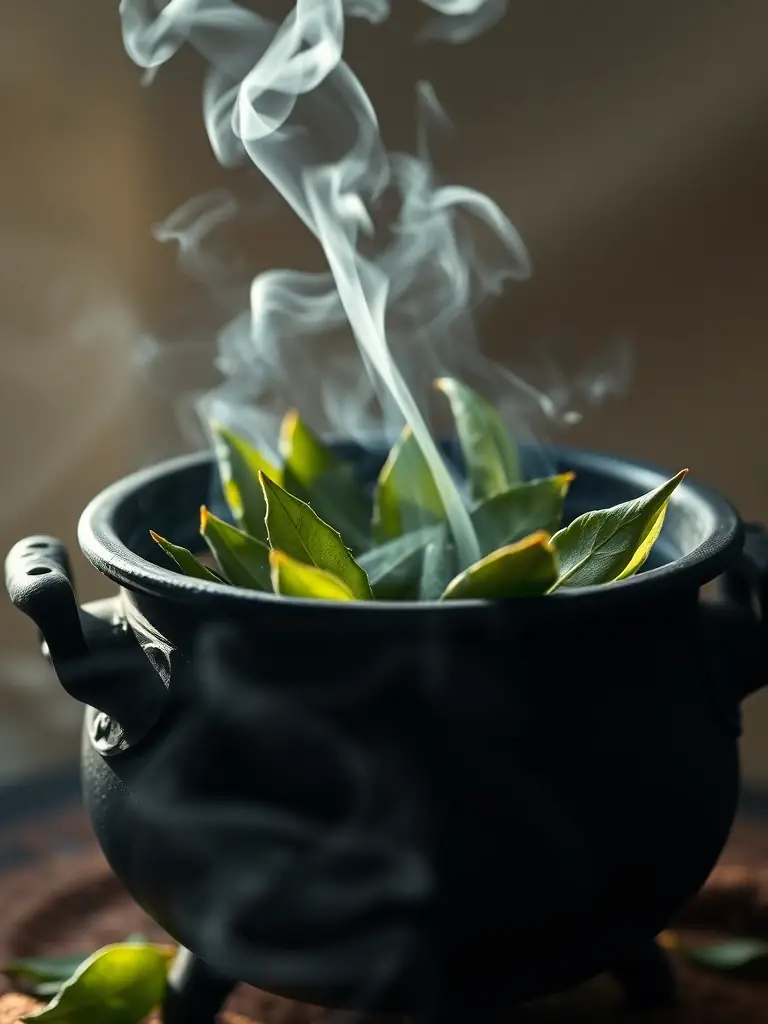 A close-up photograph of a single bay leaf being burned in a small, ornate bowl, smoke gently rising, symbolizing a ritual for clarity.
