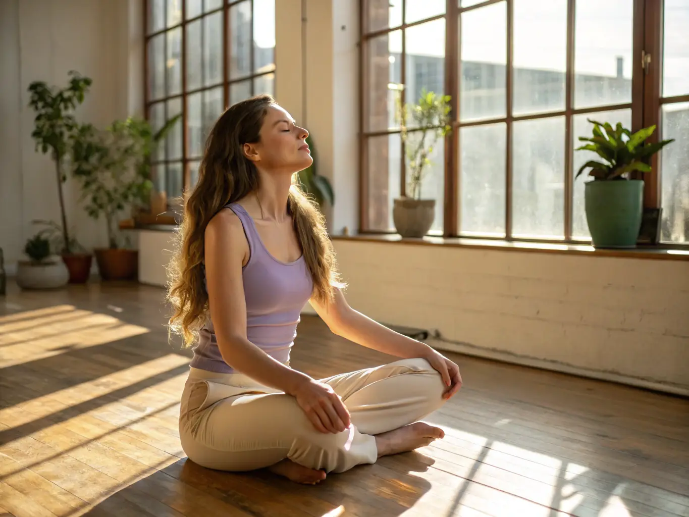 A serene image of a person meditating with a single bay leaf placed on their forehead, bathed in soft, golden light, representing enhanced focus and mental clarity.