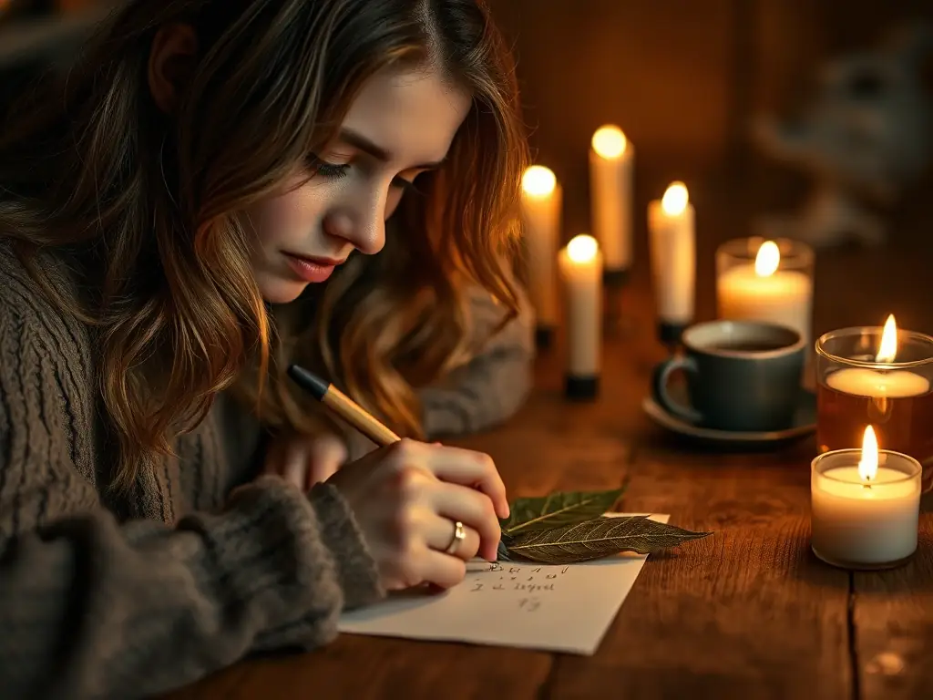 A close-up shot of a person carefully writing an intention on a fresh bay leaf with a gold pen, set against a backdrop of soft, natural light filtering through a window.