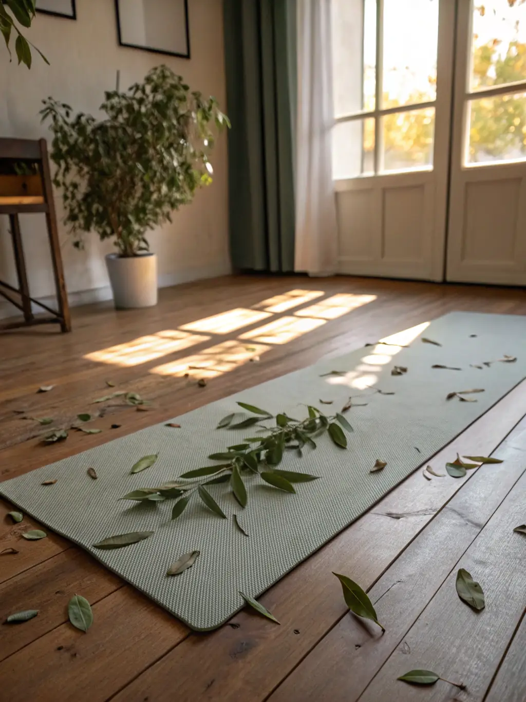 A person meditating with bay leaves, finding inner peace and balance through the calming aroma and energy.