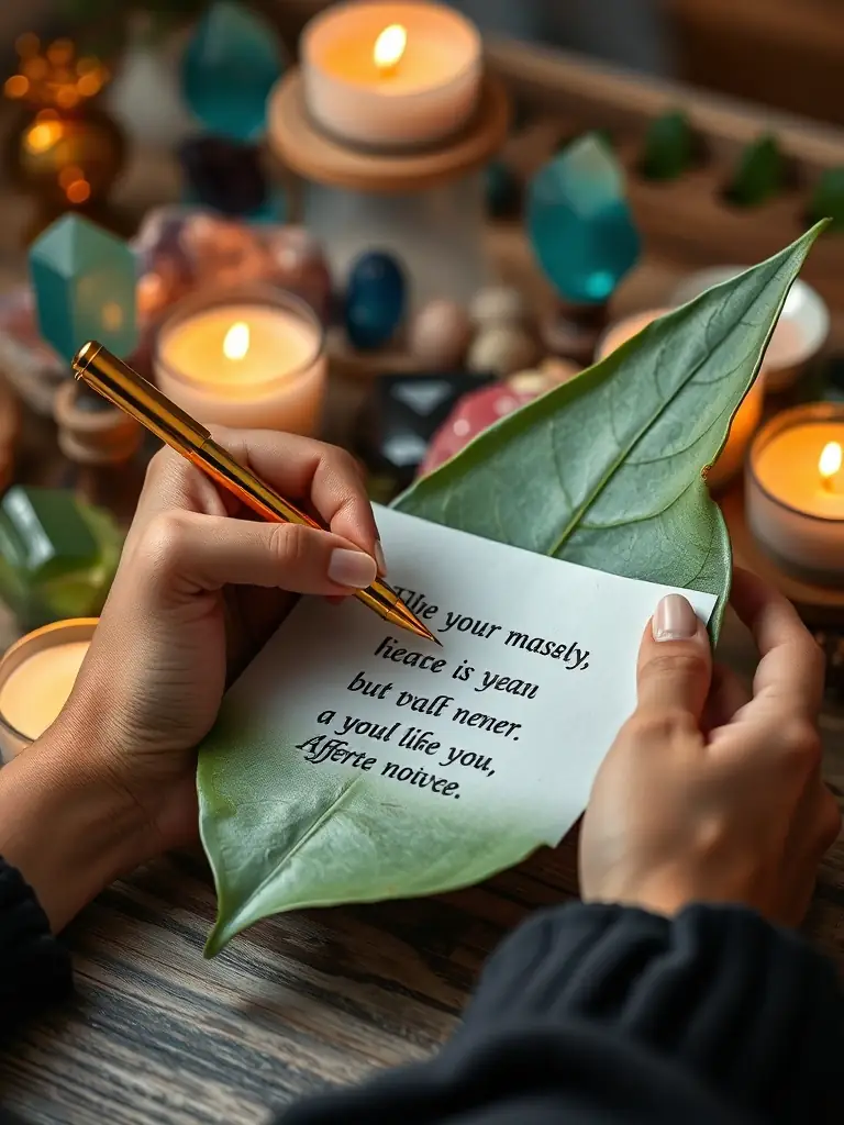 A person writing an intention on a bay leaf before burning it, visualizing their desires coming to fruition.