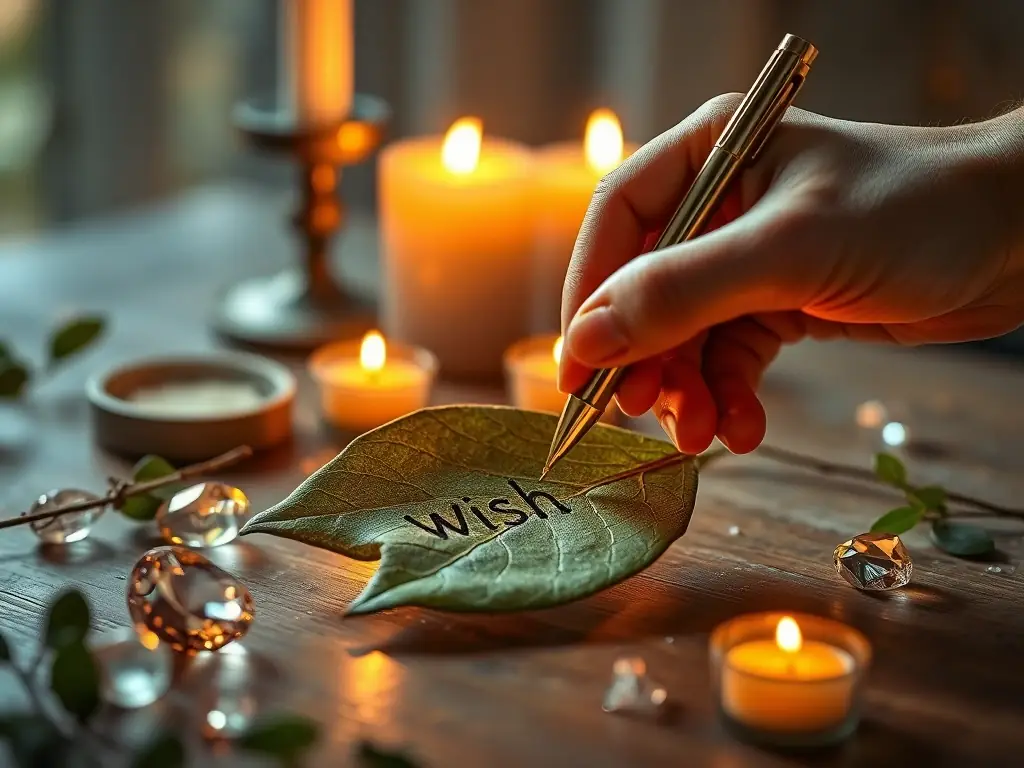 A close-up shot of a hand carefully writing an intention on a dried bay leaf with a gold pen, set against a backdrop of soft, natural light and blurred candles, symbolizing the act of manifestation.