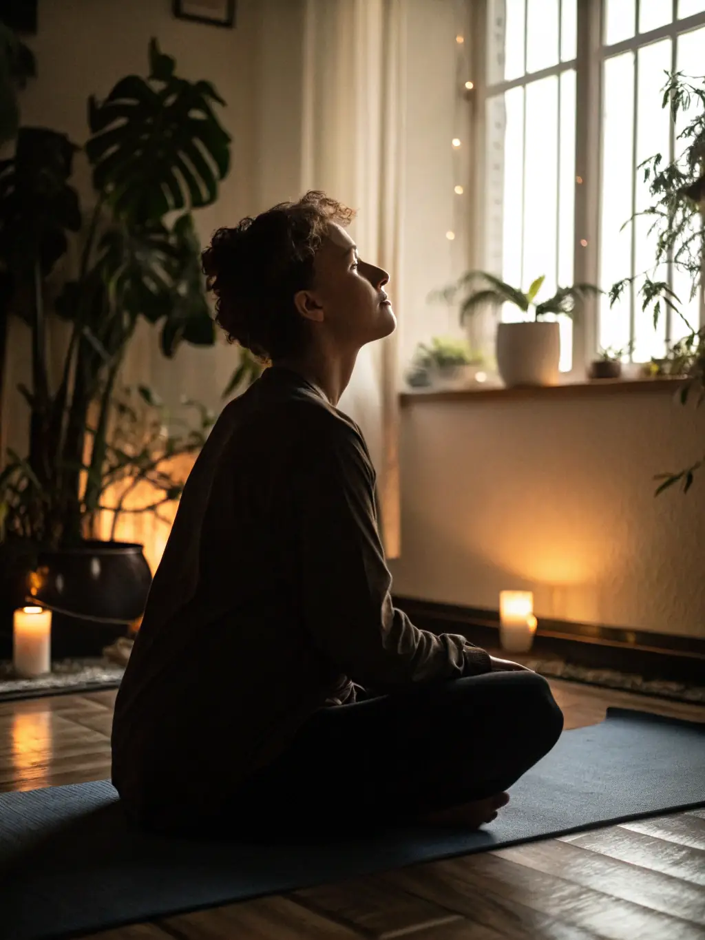 A serene photograph of a person meditating with a bay leaf placed on their heart chakra, bathed in soft, natural light, representing a ritual for inner balance.